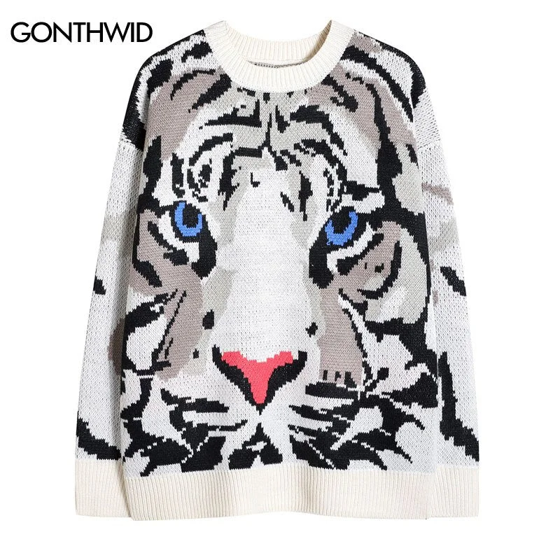 Hip Hop Knitted Sweater Streetwear Tiger Jumpers Sweaters 2023 Autumn Unisex Harajuku Casual Pullover Sweater Knitwear