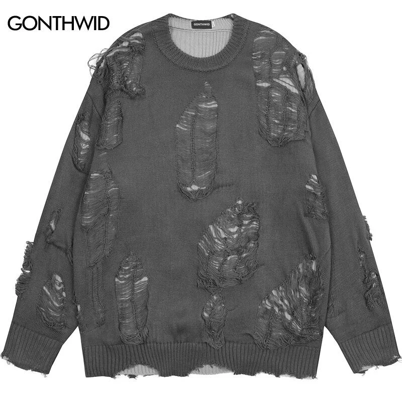 Hip Hop Sweater Y2K Grunge Streetwear Men Ripped Destroyed Hole Punk Gothic Knitted Jumpers Harajuku Casual Pullover Sweaters