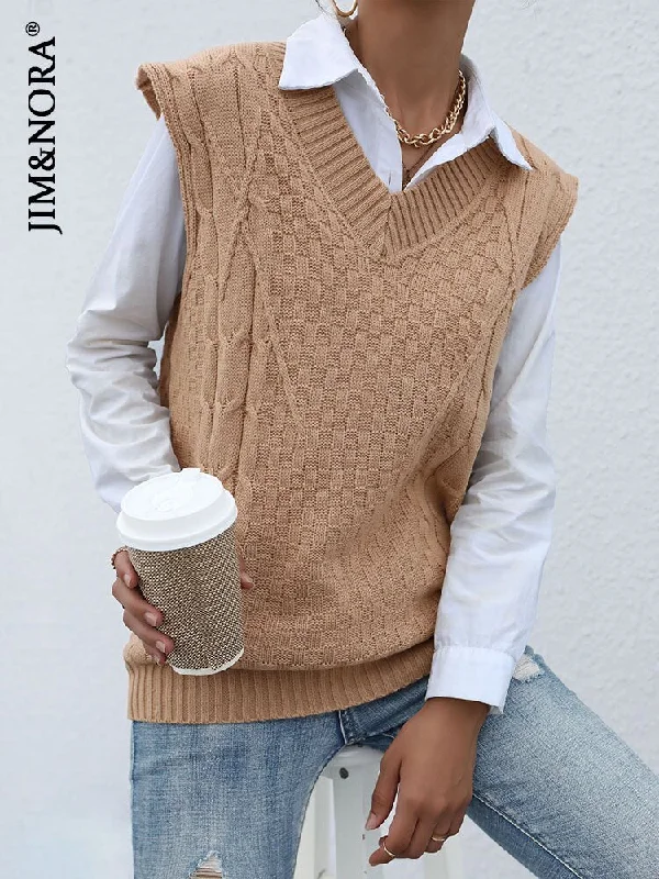 JIM & NORA Women Autumn Knit Sweater Vest Loose Sleeveless Soild Colour V Neck Pullover Tops Casual Oversize Office Wear Fashion