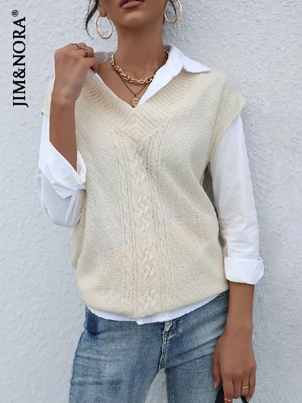 JIM & NORA Women Sleeveless V Neck Soild Colour Loose Knit Sweater Vest Ladies Casual Oversize Pullover Tops White