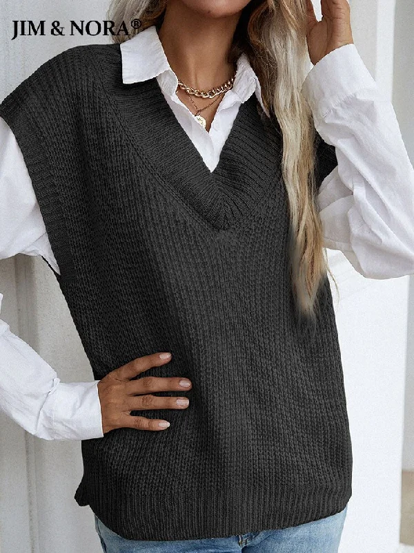 JIM & NORA Women Soild Colour Sleeveless V Neck Loose Knit Sweater Vest Ladies Casual Autumn Pullover Tops Warmer Oversize