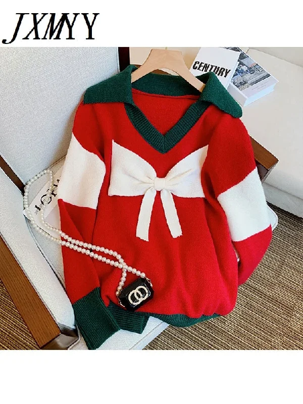 imCharms Autumn Christmas Sweater Women Sweet Cool Cute Big Bow Polo Collar Red Sweater Joker Casual Loose Top