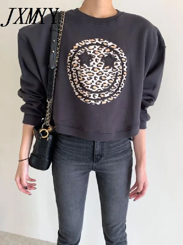 imCharms Round Neck Leopard Print Smiley Face Casual Loose Pullover Sweater Women's 2023 Autumn All-Match Top