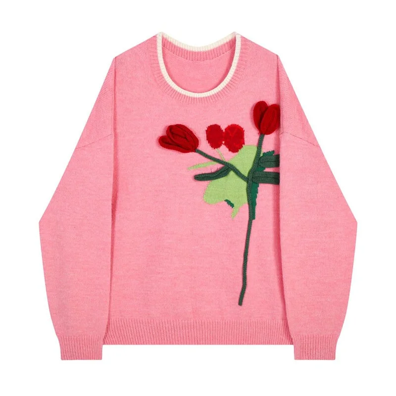 Knitwear Women's Pink Sweaters Preppy Autumn Winter Harajuku Loose Tops Casual Kawaii Pullover Embroidery Print Kawaii Sweater