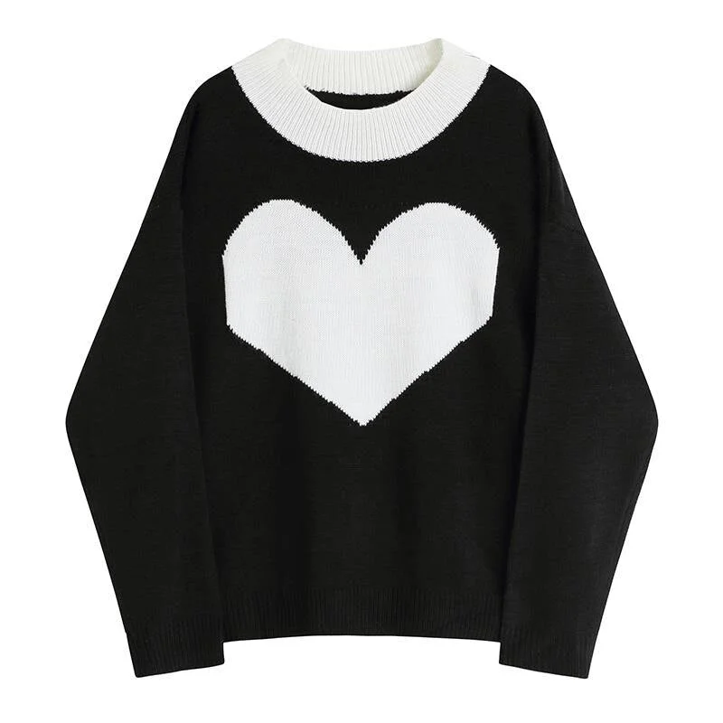 Korean Style Black Gothic Knitwear Women's Sweaters Sweet Heart Design Harajuku Loose Tops Casual Simple Casual Pullover Sweater