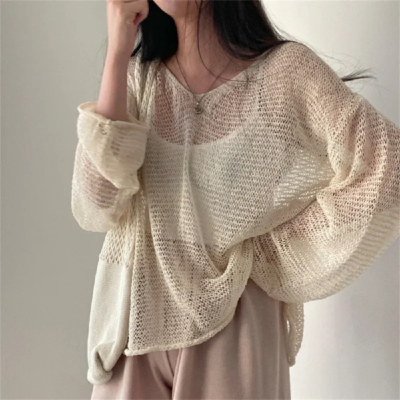 Lazy Style Full Sleeves Solid Jumpers Tops Hollow Out Sexy Women Casual Streetwear Chic Femme Sweaters Y2K Pullovers