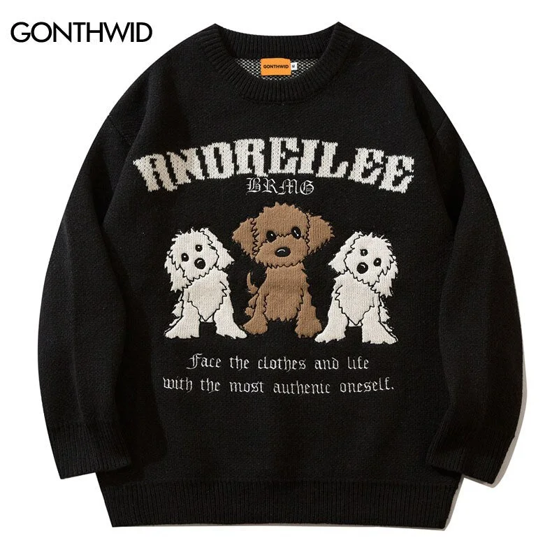 Men Korean Sweaters Streetwear Harajuku Embroidery Cartoon Dog Jumpers Sweater 2023 Autumn Hip Hop Casual Pullovers Streetwear