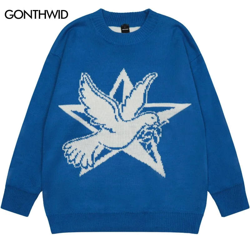 Men Sweaters Y2K Streetwear Vintage Retro Knitted Star Pigeon Jumpers Sweater Autumn Harajuku Casual Pullover Couples