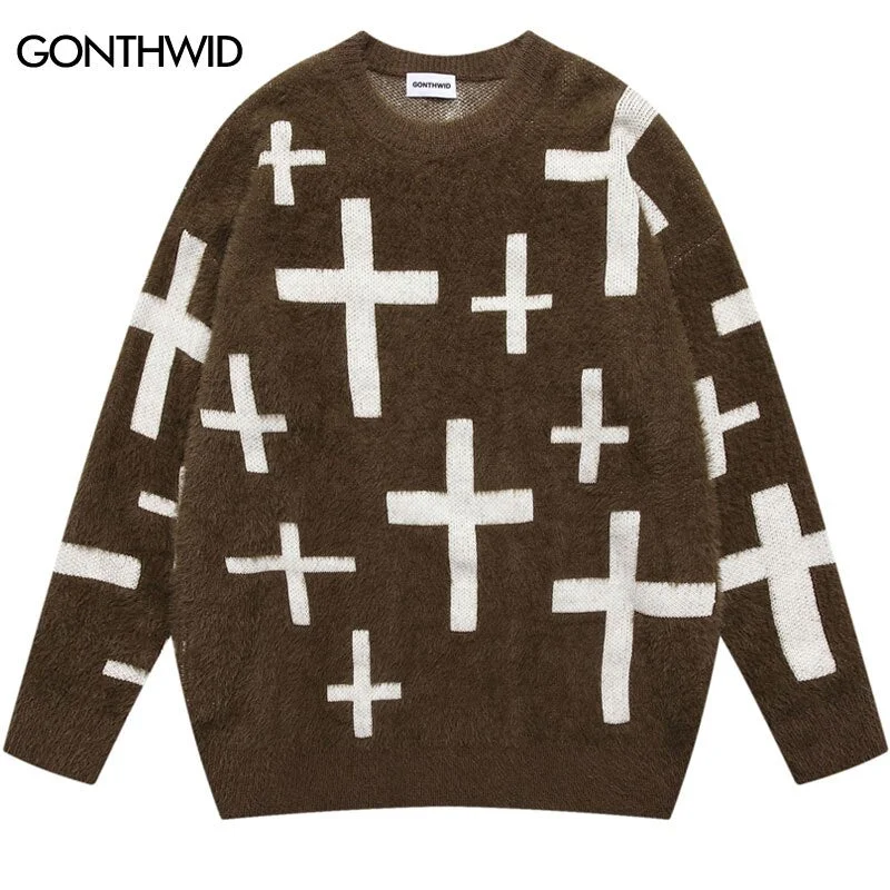 Mens Knitted Mohair Sweaters Harajuku Casual Pullover Jumpers Sweater Streetwear Autumn Hip Hop Loose Pullover Sweater