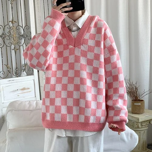 Ulzzang Teens Sweater Hooded Pullovers Men Plaid Checkered Casual Sweater All-match Unisex Couple Thick Winter Loose Knitwear