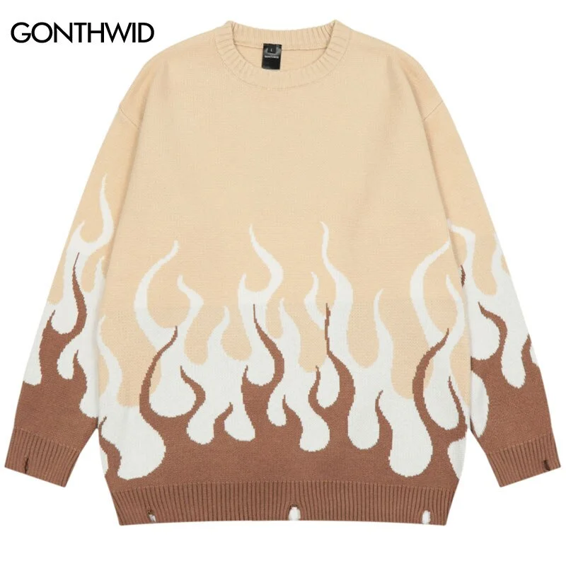 Vintage Knitted Sweater Streetwear Y2K Mens Retro Flame Ripped Hole Jumpers Sweaters Men Harajuku Casual Loose Pullover