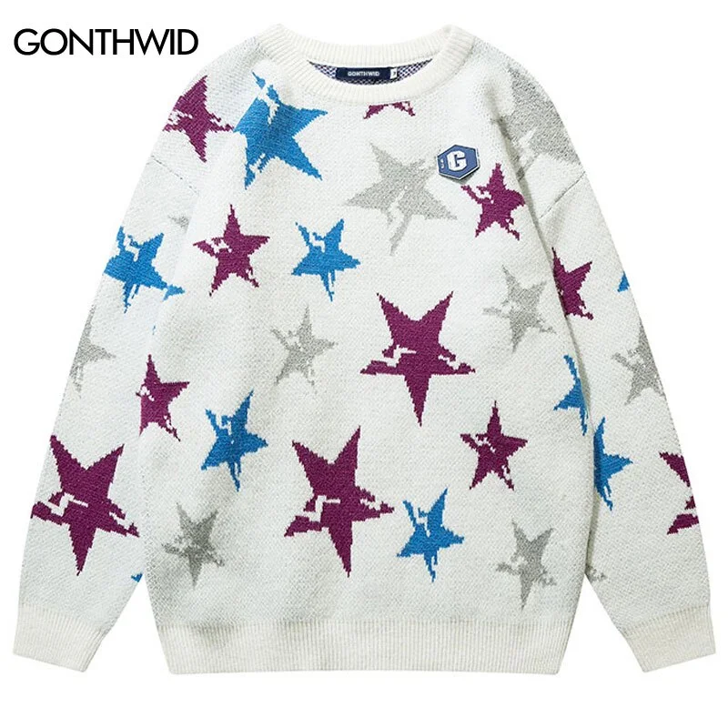 Vintage Sweater Men 90s Streetwear Hip Hop Knitted Retro Stars Pullover Jumpers 2023 Autumn Harajuku Casual Sweater Y2K