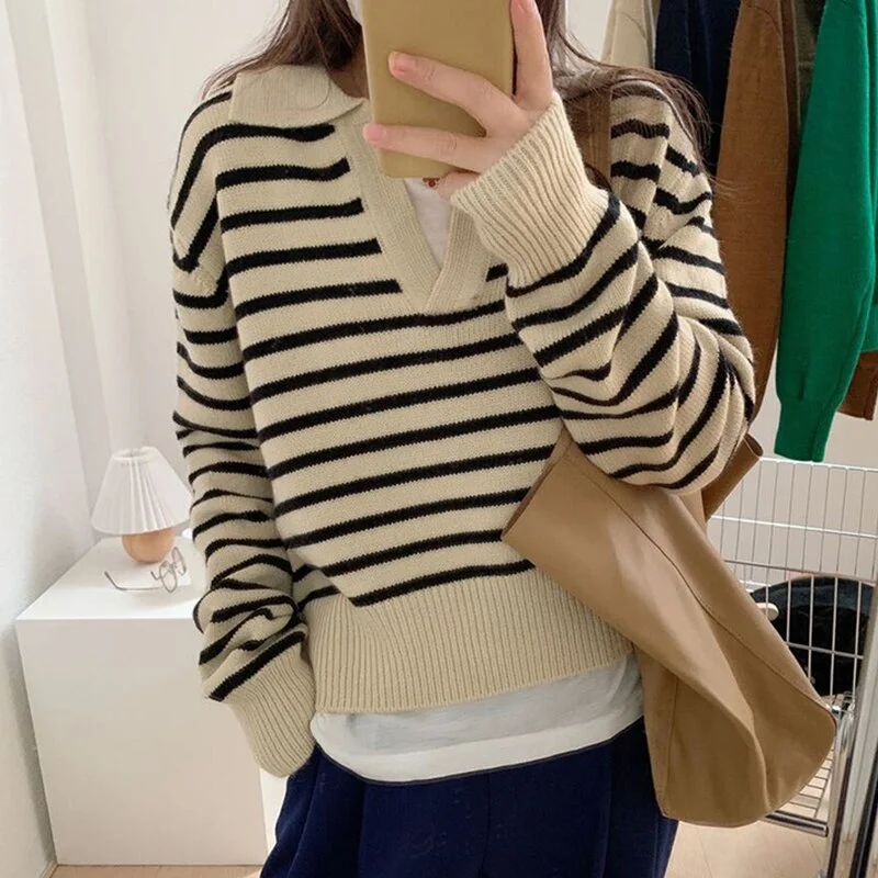 Women Striped Pullover Autumn Winter Korean Knitted Sweater  Casual Thick Jumper Loose Turn Down Collar Knitwear