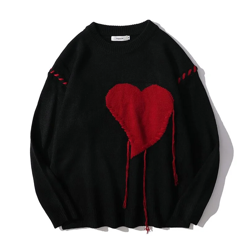 Women's Vintage Harajuku Sweater Pullovers O-Neck Casual Heart Print Oversized Loose Y2K Gothic Knitwear Jumper Female