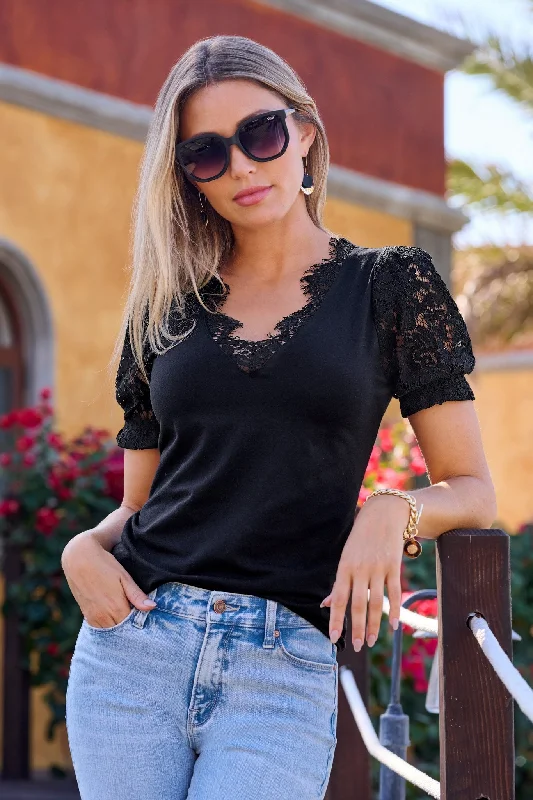 Lace Puff Sleeve V Neck Tee Black