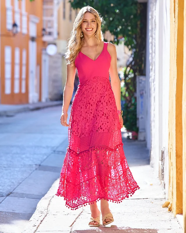 Mixed Media Lace Pom Pom Dress Blossom