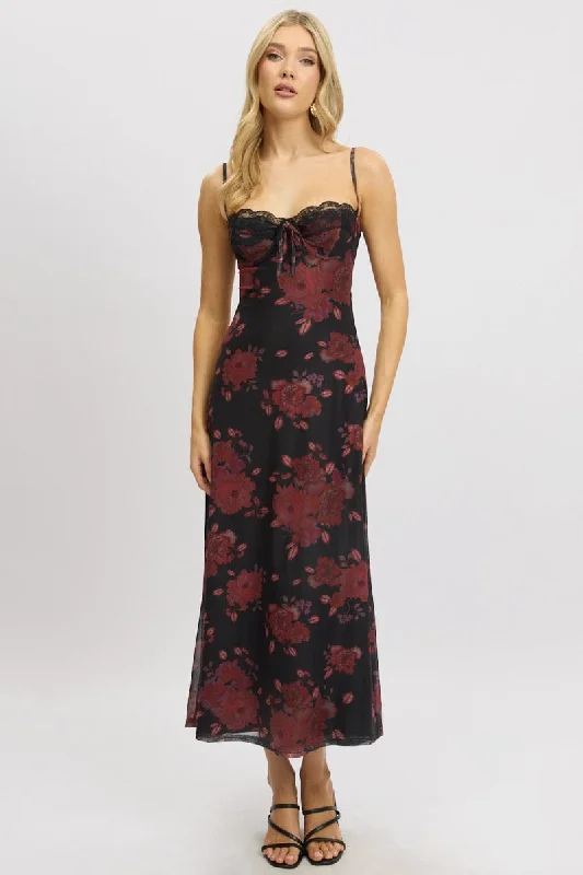 Black Floral Maxi Dress Back Tie Mesh