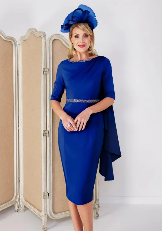 John Charles Shoulder Cape Midi Dress, Cobalt Blue