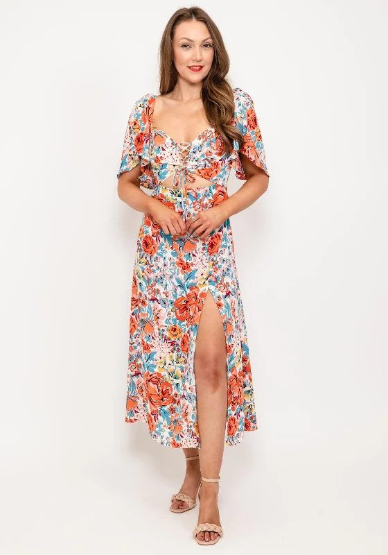 Seventy1 Floral Cut Out Midi Dress, Ecru Multi