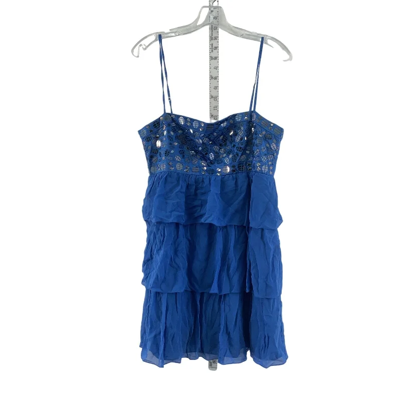 BCBGMAXAZRIA Blue Silk Glam Sequin Womens Tiered Tank Dress Size 12 Preowned