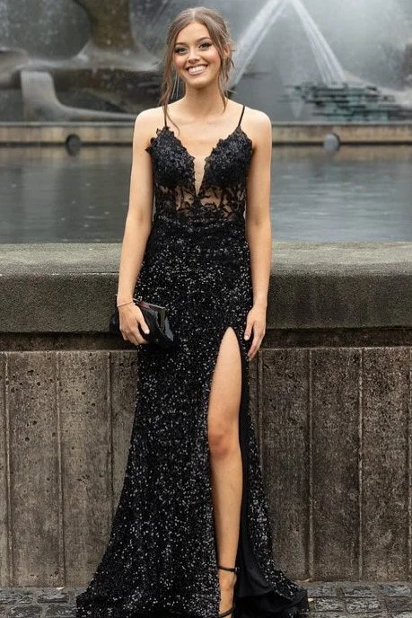 Black Spaghetti Straps V-Neck Sequined Mermaid Prom Dress with Slit