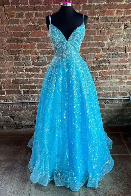 Blue Sequin V-Neck Pleated A-Line Prom Dress