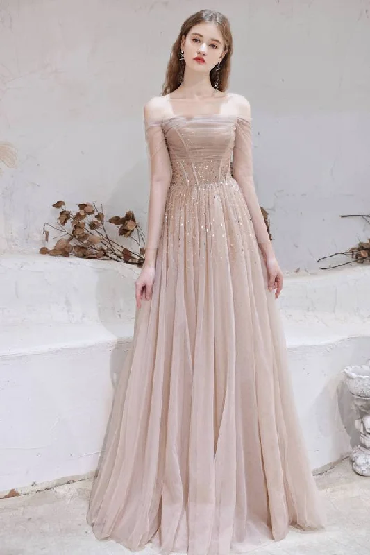 Champagne Tulle Sequins Off-the-Shoulder A-Line Prom Dress