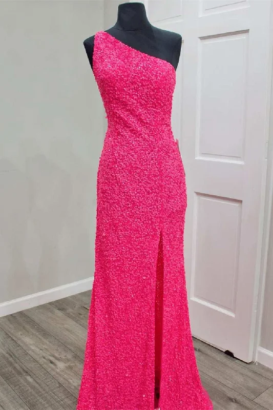 Glitter One Shoulder Hot Pink Sequins Mermaid Prom Dress with Slit