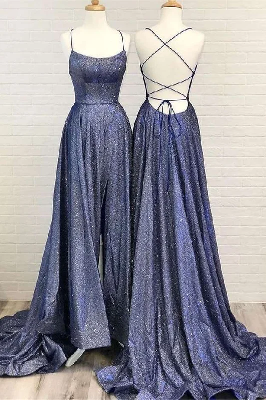 Navy Blue Sequin Backless A-Line Prom Dress