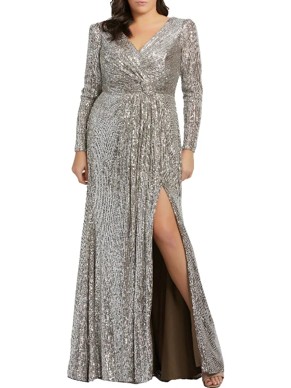 Plus Womens Sequined Knot Front Evening Dress