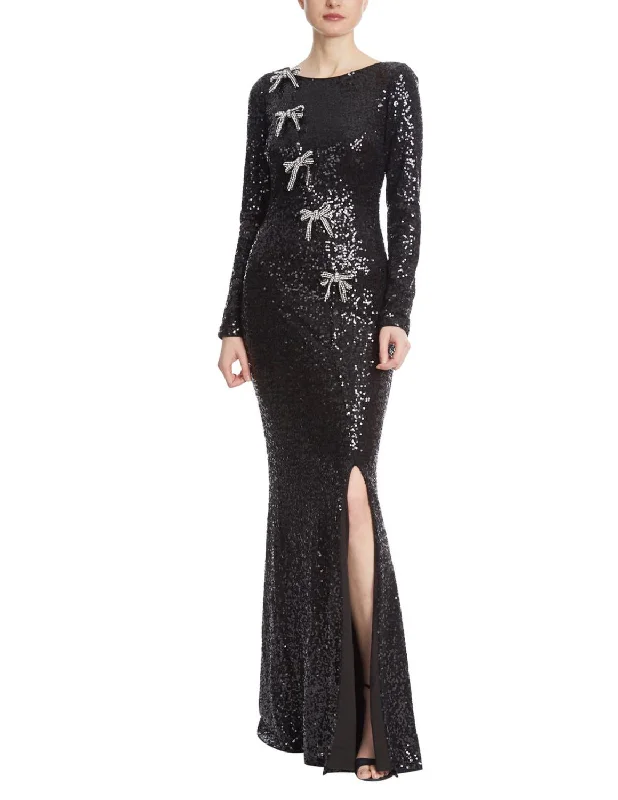 Sequin Bow Boat Neck Gown in Black