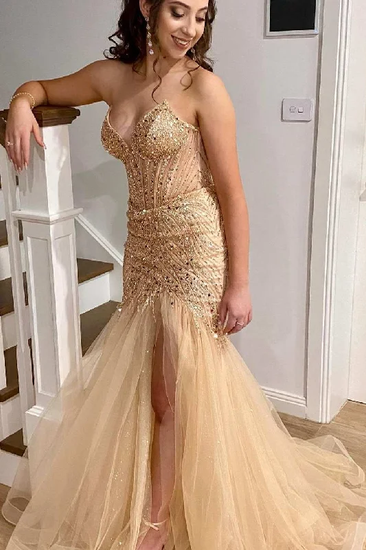 Strapless V-Neck Sequins Appliques Mermaid Formal prom Dress with Slit