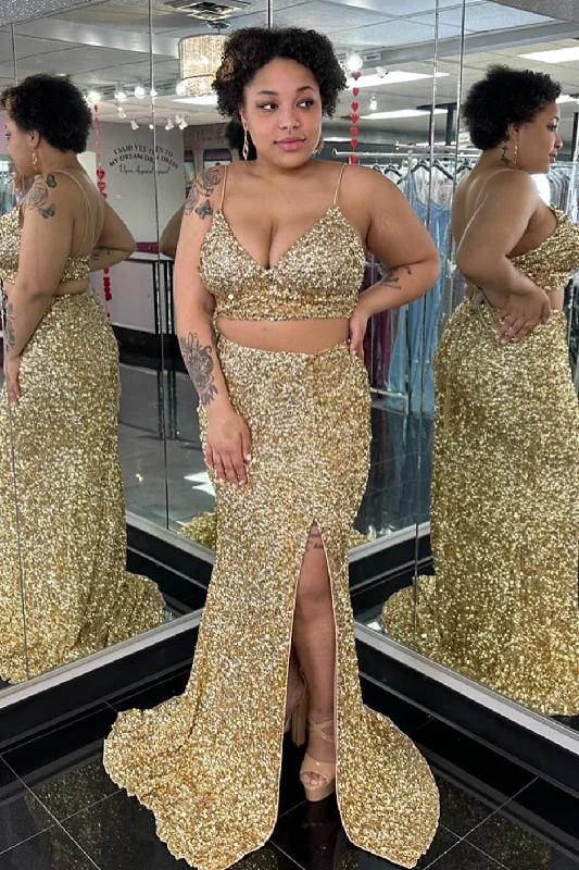 Two Piece Spaghetti Straps Sequins Mermaid Slit Prom Dress