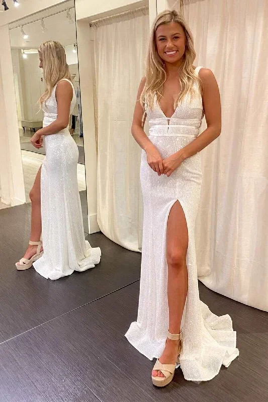 White Sequined V-Neck Mermaid Prom Dress with Slit