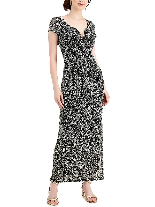 Womens Lace Overlay Sequined Evening Dress