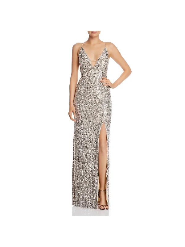 Womens Sequined Criss-Cross Back Evening Dress