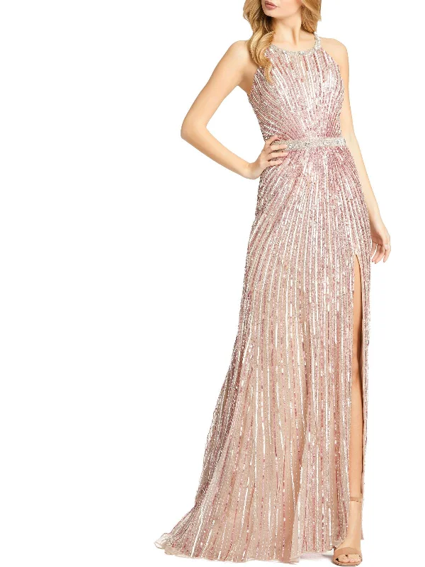 Womens Sequined Halter Evening Dress