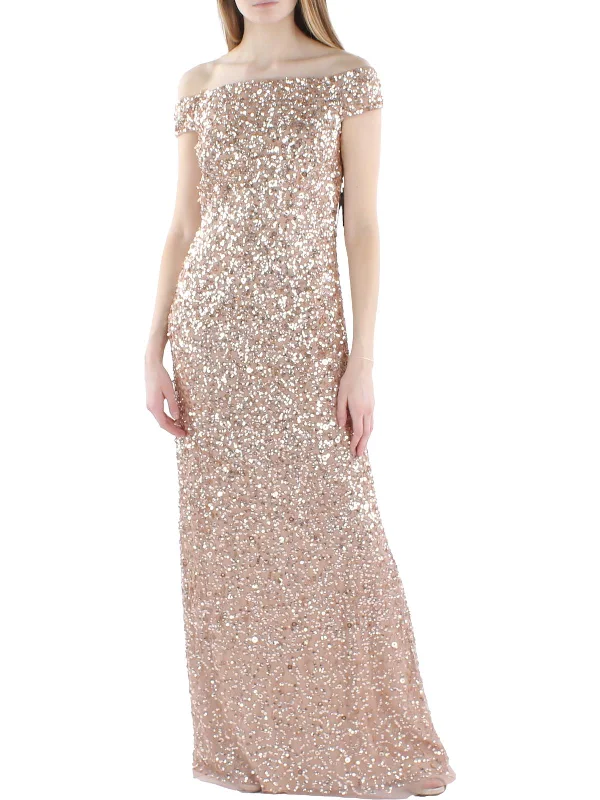 Womens Sequined Off-The-Shoulder Evening Dress