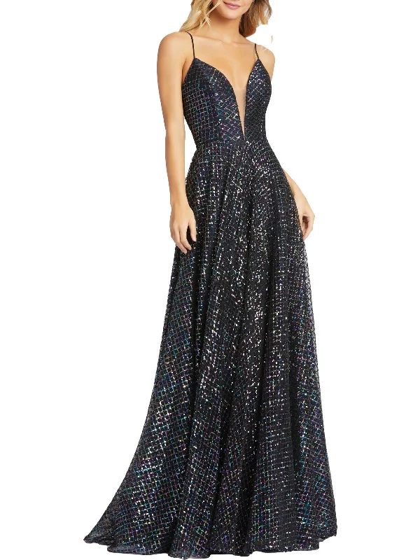 Womens Sequined Plunge Evening Dress