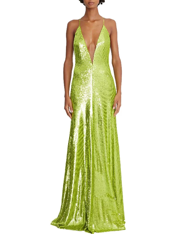 Womens Sequined V-Neck Evening Dress