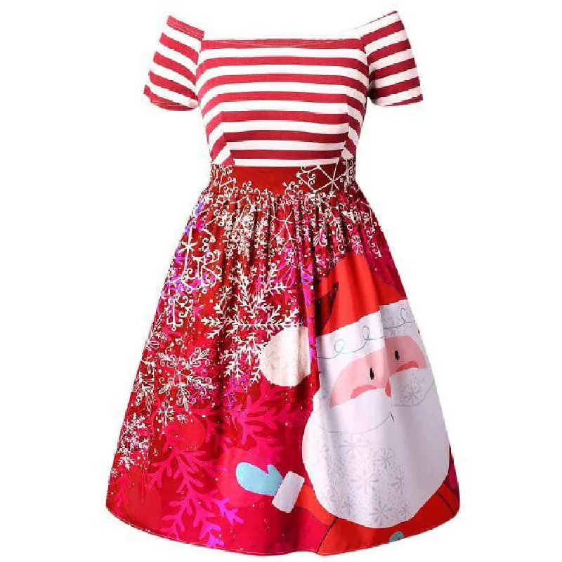 Cute Santa Print Striped Plus Size Dress