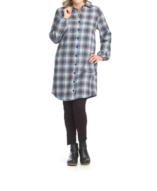 Fiona Plaid Button Down Shacket Or Shirt Dress In Blue/brown