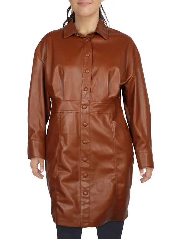 Plus Womens Collar Faux Leather Shirtdress