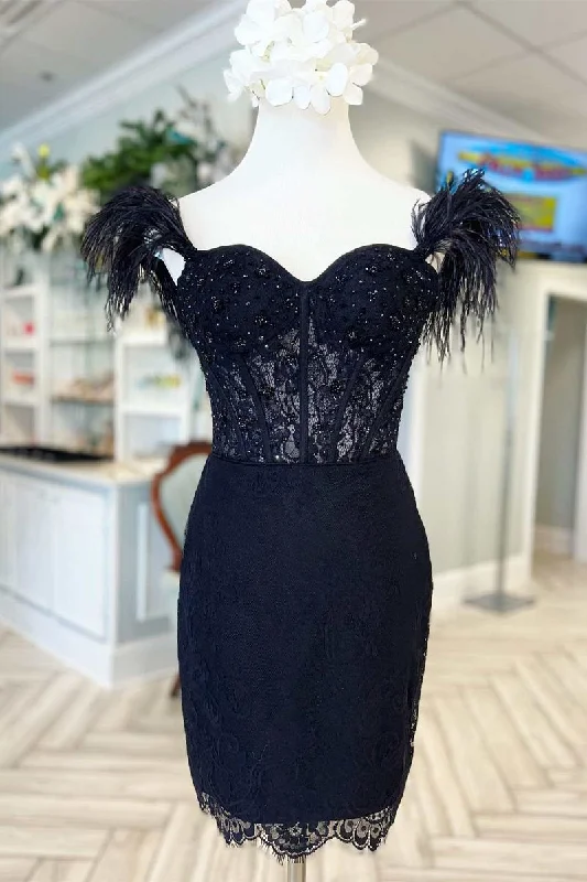 Black Feather Off-Shoulder Beaded Bodycon Homecoming Dress