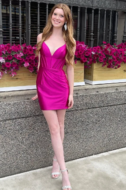 Bodycon Fuchsia V-Neck Corset Satin Homecoming Dress