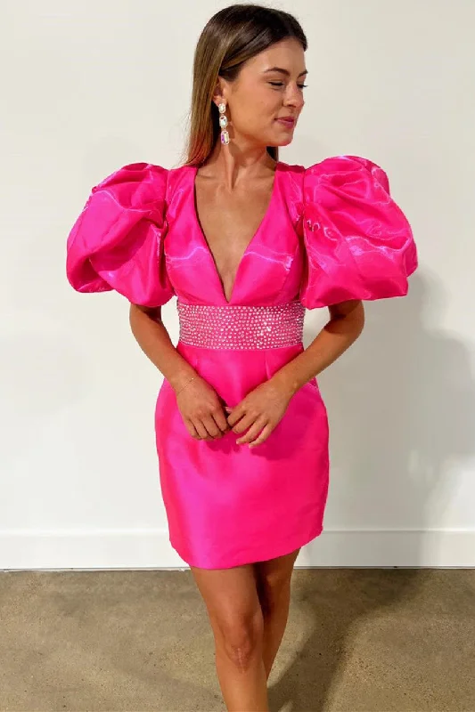 Neon Pink Plunging Neck Balloon Sleeves Bodycon Homecoming Dress