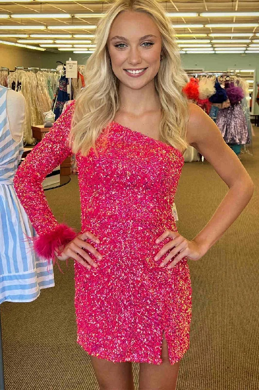 One Shoulder Neon Pink Long Sleeve Tight Homecoming Dress with Feathers