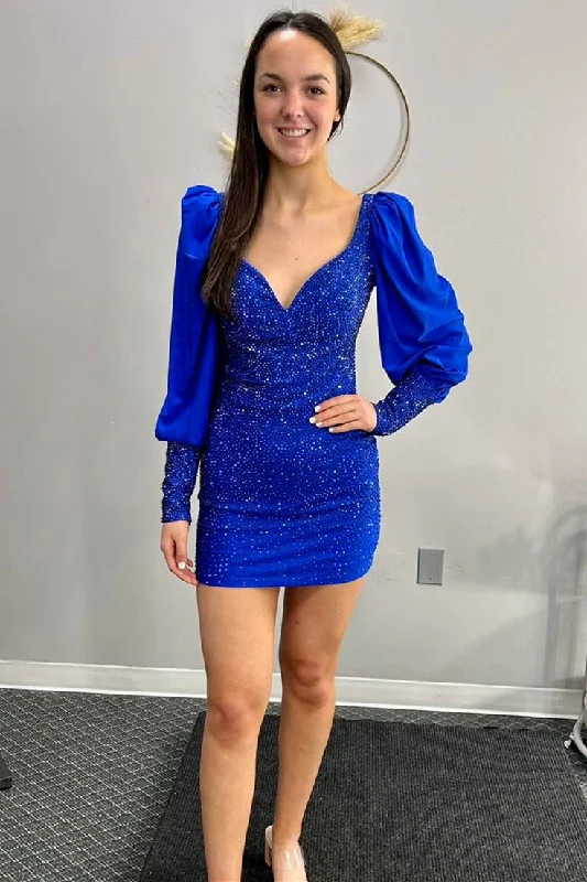 Royal Blue Puff Long Sleeves Tight Homecoming Dress with Rhinestones