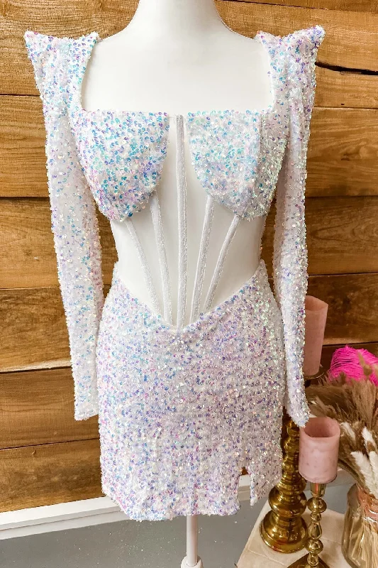 Square Neck Iridescent White Sequins Tight Homecoming Dress